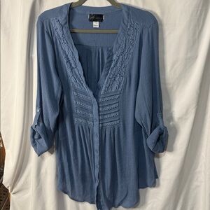 Pat Rego Blue Button-Up Tunic Blouse with Lace and Pintuck Details